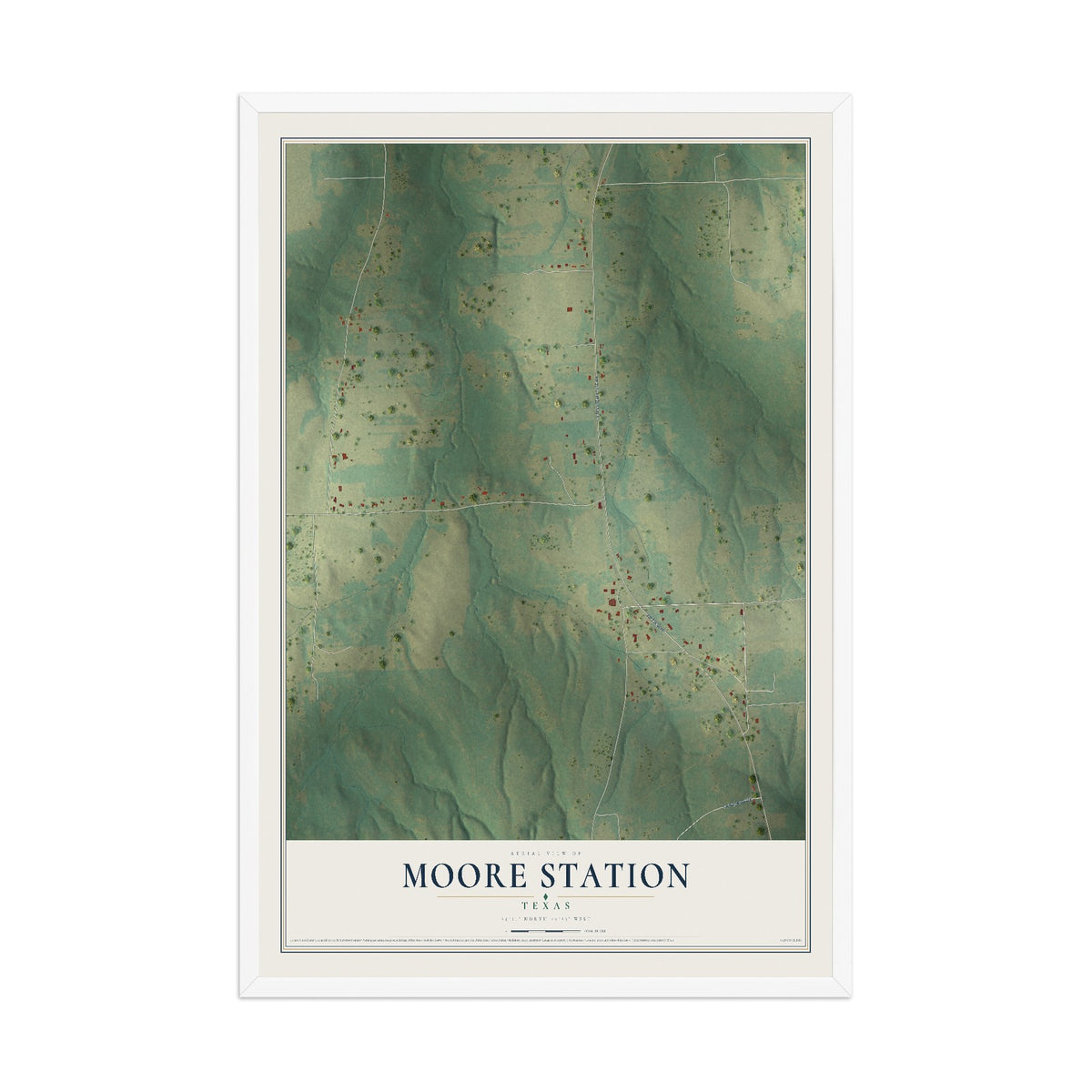 Map of Moore Station, Texas, 12 x 18 inch print in a white wood frame