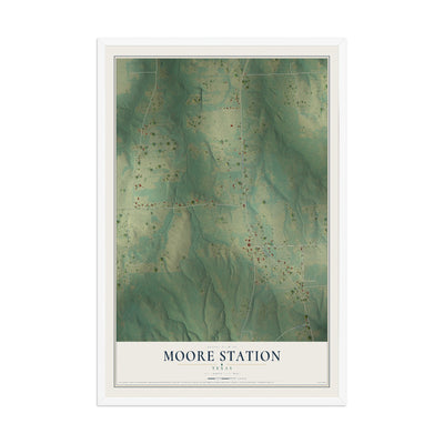 Map of Moore Station, Texas, 12 x 18 inch print in a white wood frame