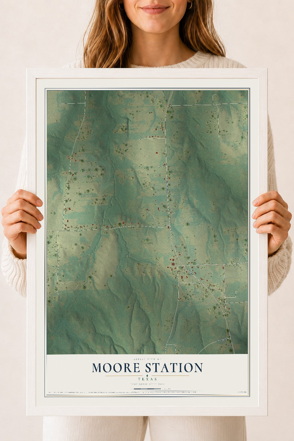 Map of Moore Station, Texas, 18 x 24 inch print in a white wood frame