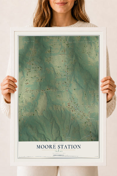 Map of Moore Station, Texas, 18 x 24 inch print in a white wood frame