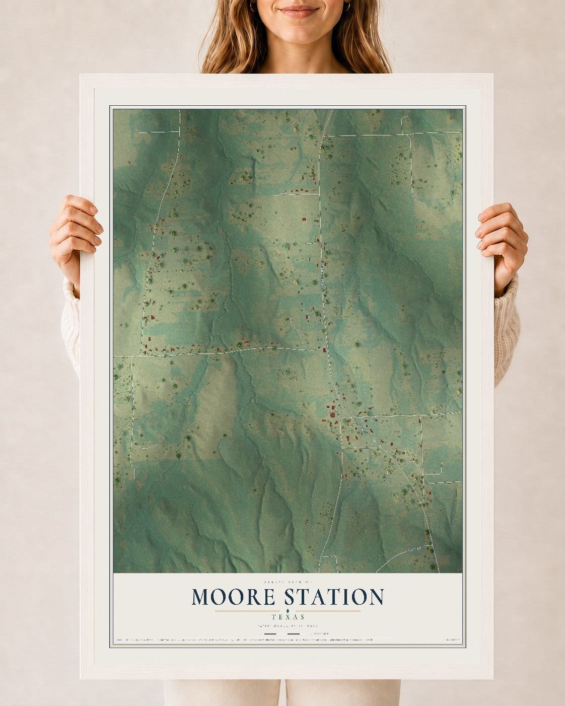 Map of Moore Station, Texas, 24 x 36 inch print in a white wood frame