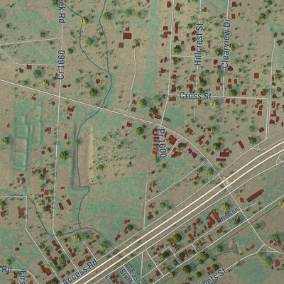 Close-up of the map of Moore, Texas print showing street and building detail