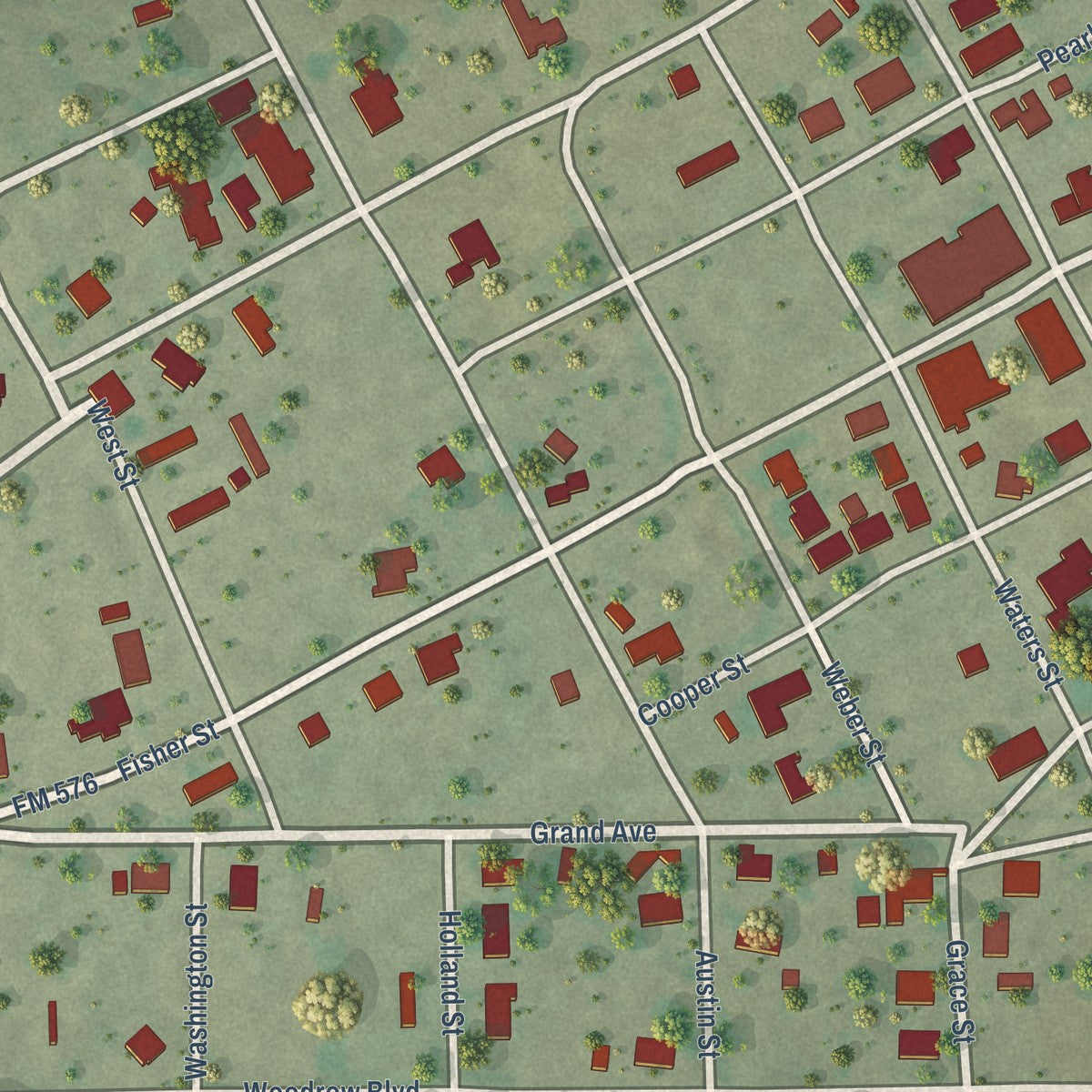 Close-up of the map of Moran, Texas print showing street and building detail