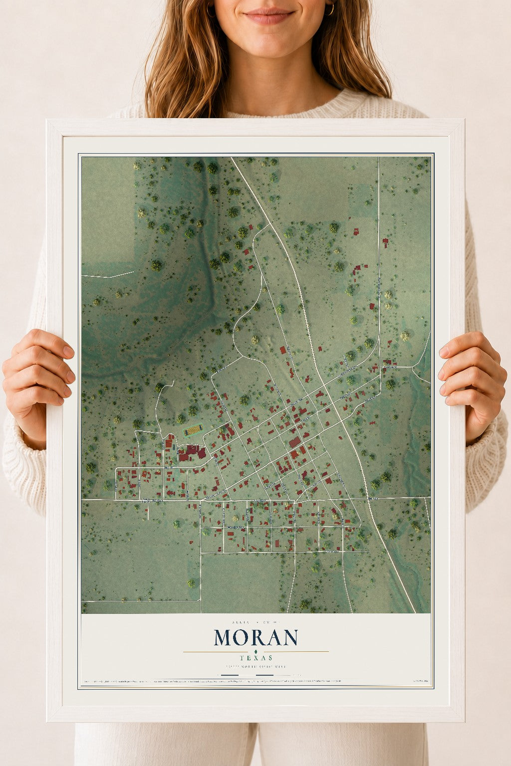 Map of Moran, Texas, 18 x 24 inch print in a white wood frame