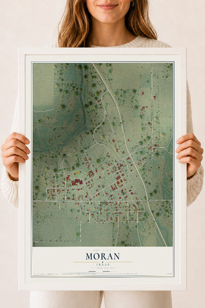Map of Moran, Texas, 18 x 24 inch print in a white wood frame