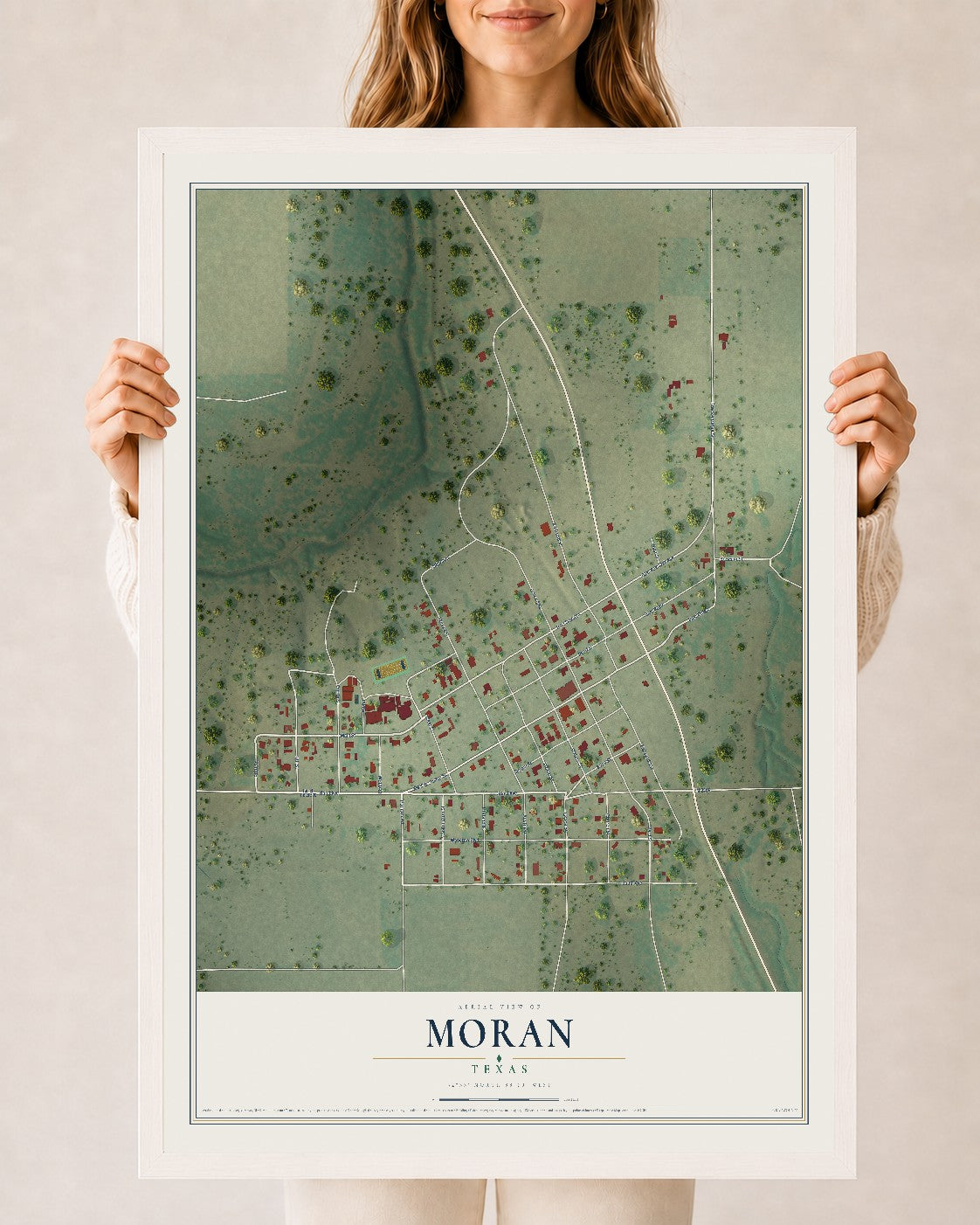Map of Moran, Texas, 24 x 36 inch print in a white wood frame