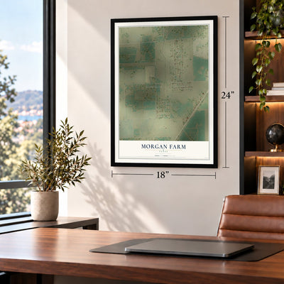 Morgan Farm, Texas map, 18 x 24 inch print in a black frame in a home office