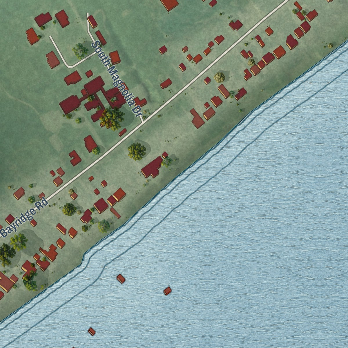 Close-up of the map of Morgan's Point, Texas print showing street and building detail