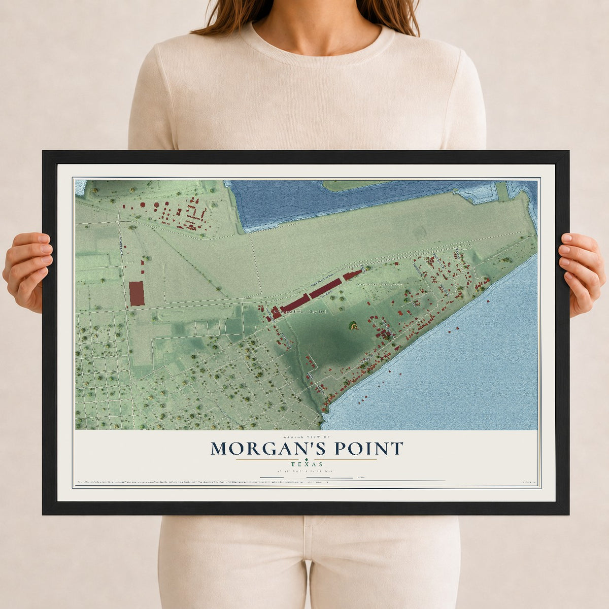 Map of Morgan's Point, Texas, 12 x 18 inch print in a black wood frame