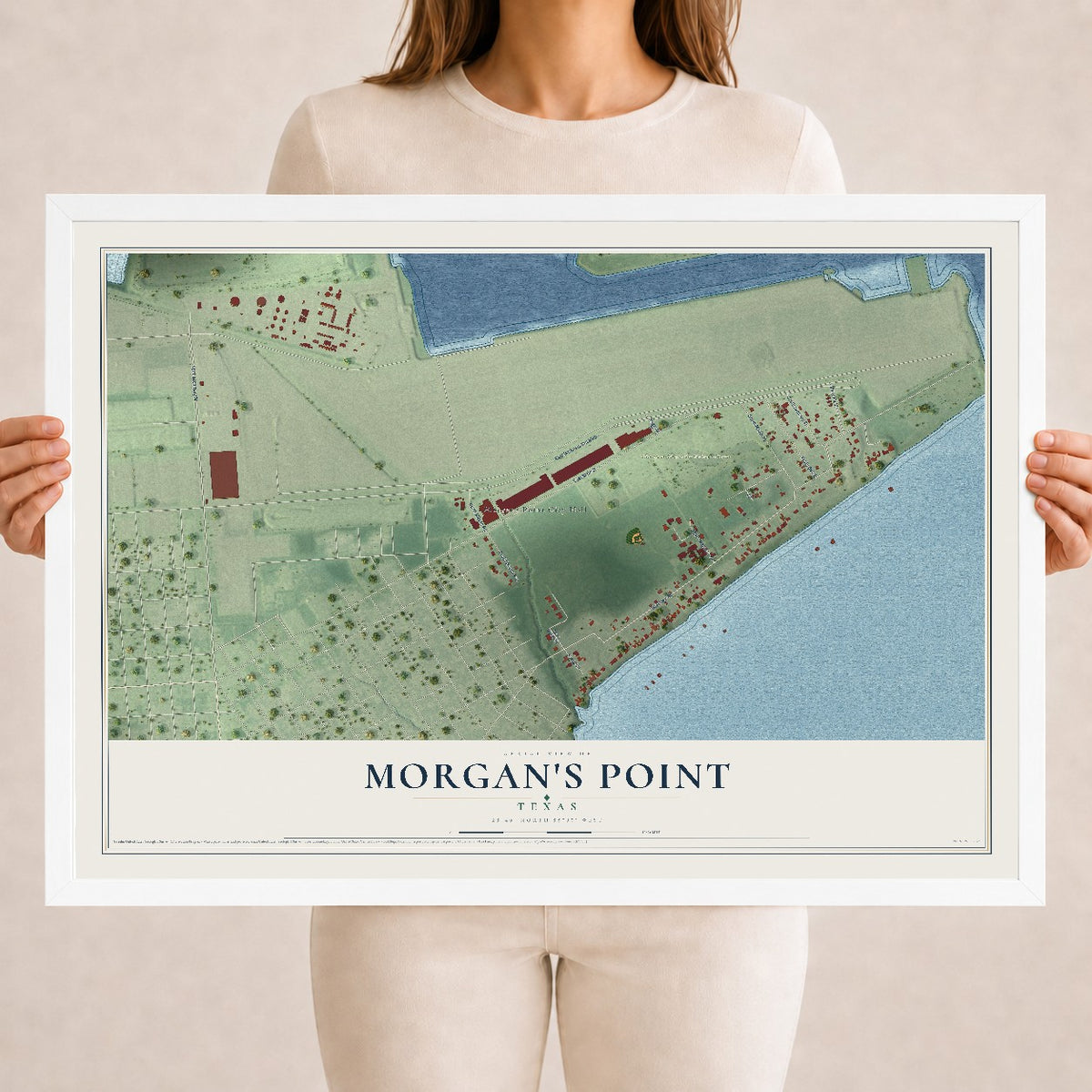 Map of Morgan's Point, Texas, 18 x 24 inch print in a white wood frame