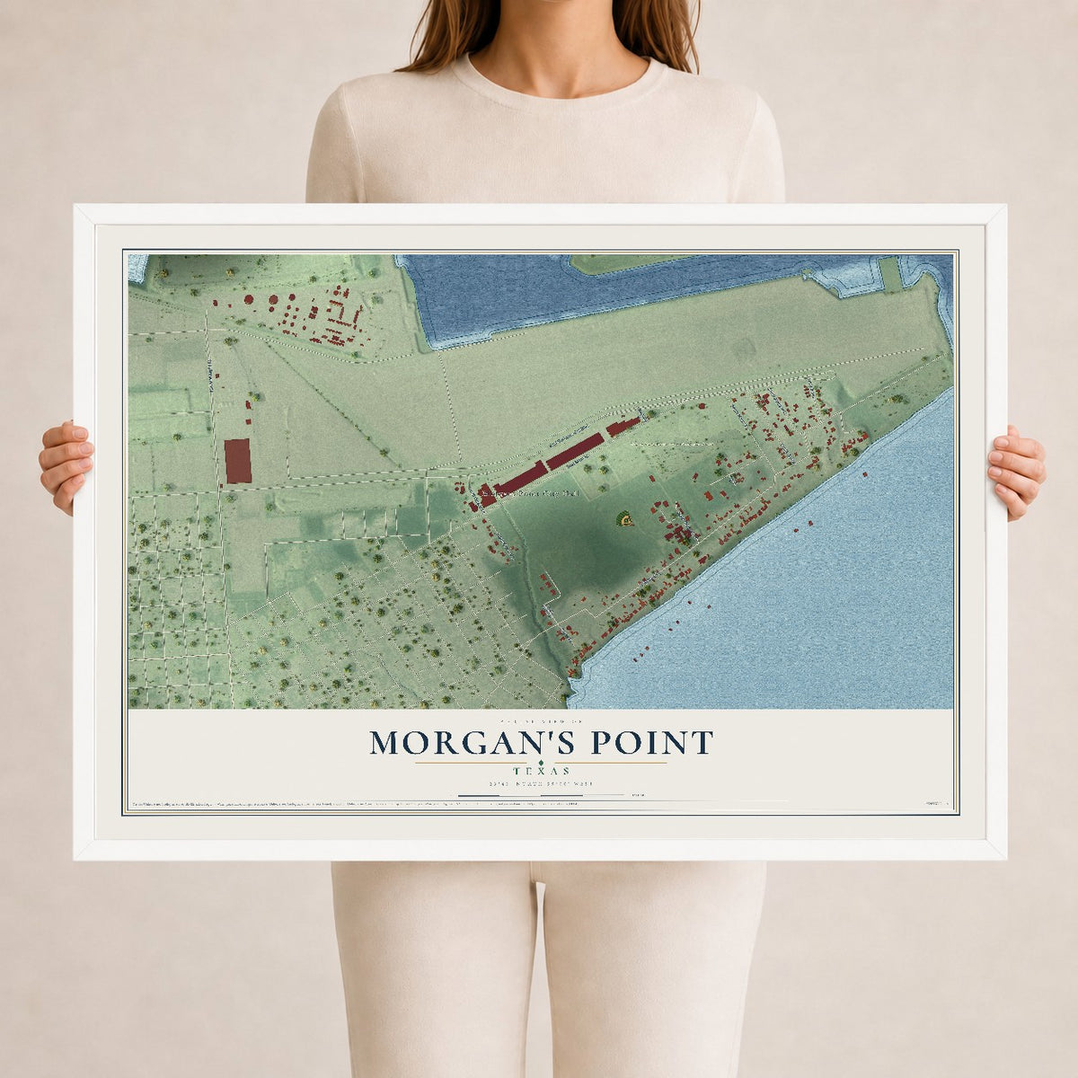 Map of Morgan's Point, Texas, 24 x 36 inch print in a white wood frame