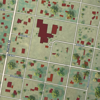 Close-up of the map of Morgan, Texas print showing street and building detail