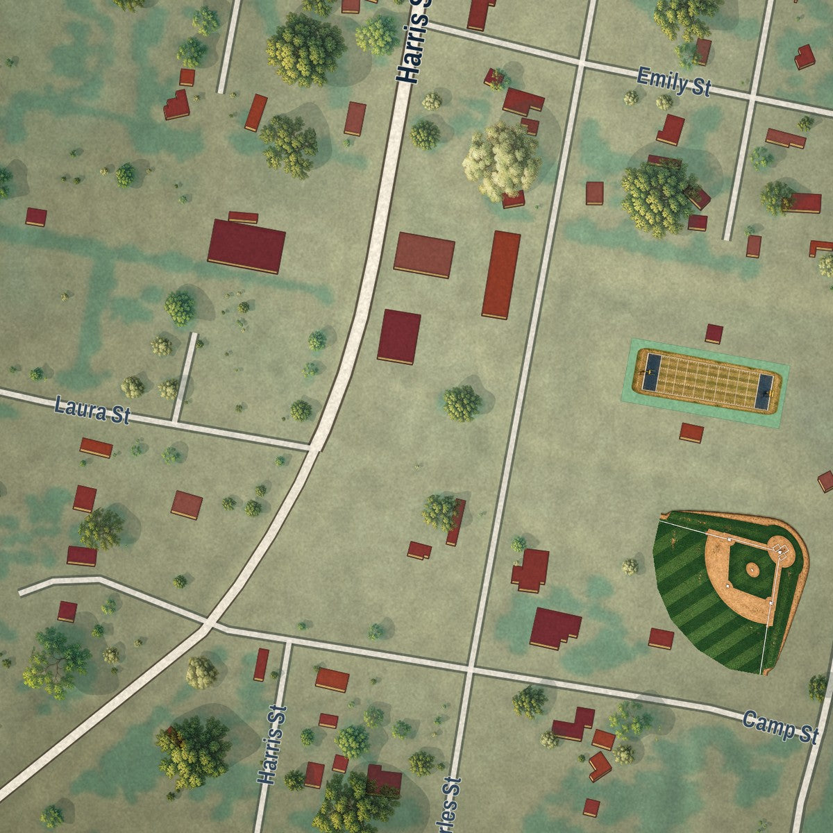 Second close-up of the map of Morgan, Texas print showing more streets and buildings