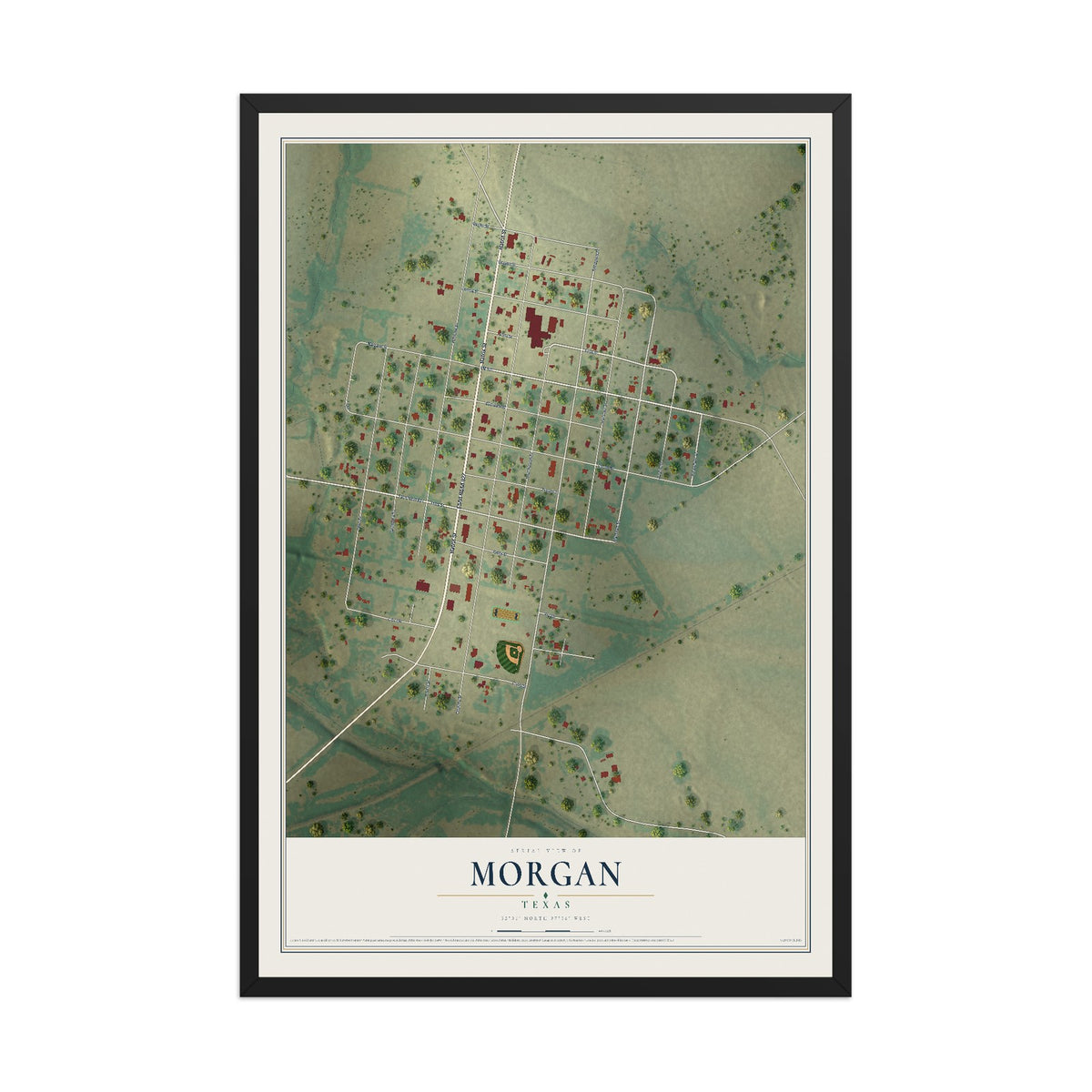 Map of Morgan, Texas, 12 x 18 inch print in a black wood frame