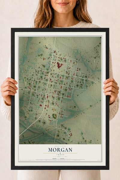 Map of Morgan, Texas, 18 x 24 inch print in a black wood frame