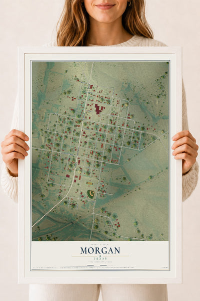 Map of Morgan, Texas, 18 x 24 inch print in a white wood frame