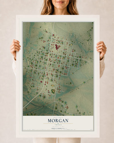Map of Morgan, Texas, 24 x 36 inch print in a white wood frame