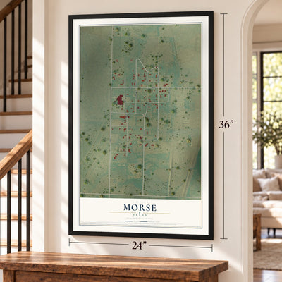 Morse, Texas map, 24 x 36 inch print in a black frame by a staircase