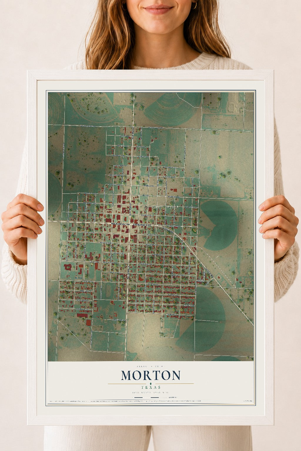 Map of Morton, Texas, 18 x 24 inch print in a white wood frame