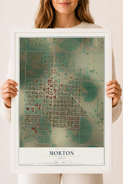 Map of Morton, Texas, 18 x 24 inch print in a white wood frame