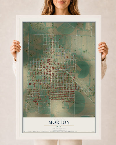 Map of Morton, Texas, 24 x 36 inch print in a white wood frame