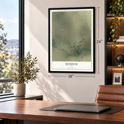 Mosheim, Texas map, 18 x 24 inch print in a black frame in a home office