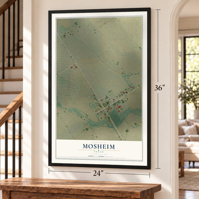 Mosheim, Texas map, 24 x 36 inch print in a black frame by a staircase