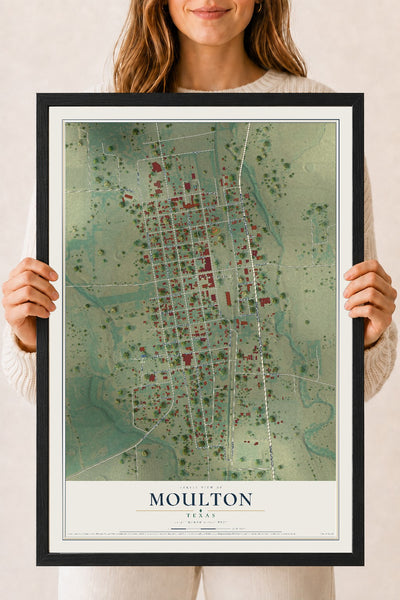 Map of Moulton, Texas, 18 x 24 inch print in a black wood frame
