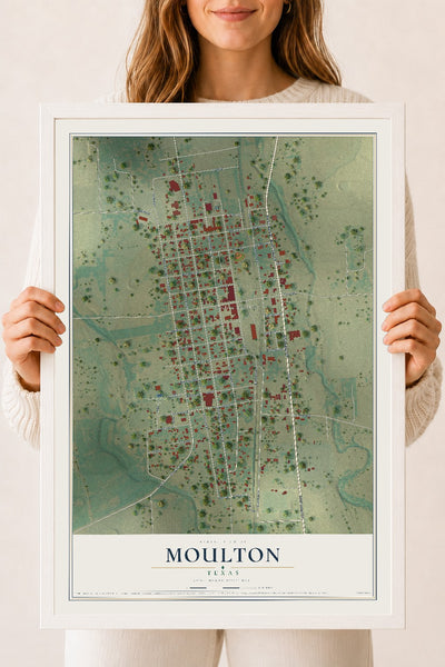 Map of Moulton, Texas, 18 x 24 inch print in a white wood frame