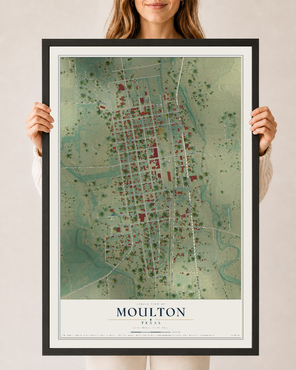 Map of Moulton, Texas, 24 x 36 inch print in a black wood frame