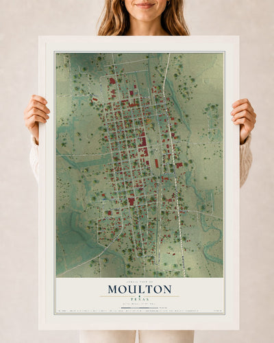 Map of Moulton, Texas, 24 x 36 inch print in a white wood frame
