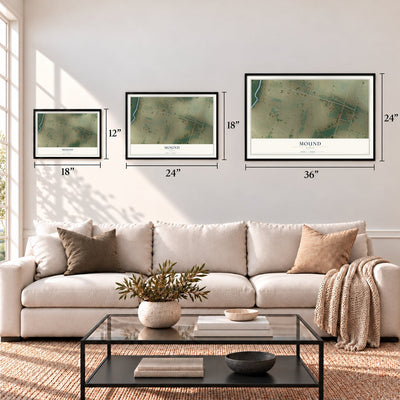 Mound, Texas map in 12 x 18, 18 x 24 and 24 x 36 inch sizes above a sofa