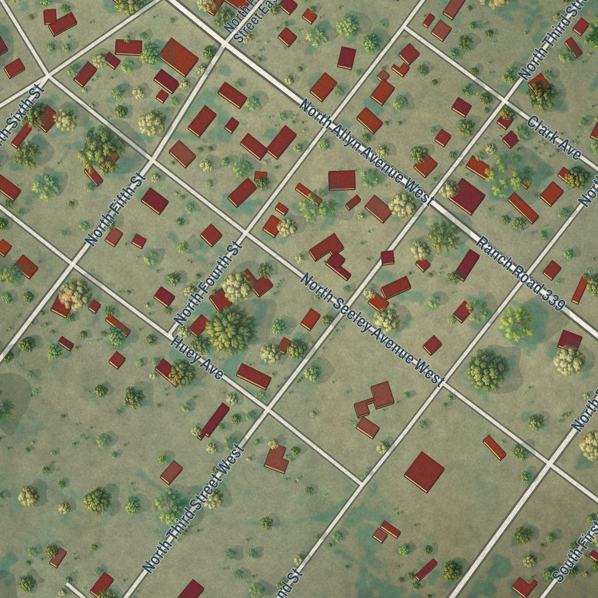 Close-up of the map of Mount Calm, Texas print showing street and building detail