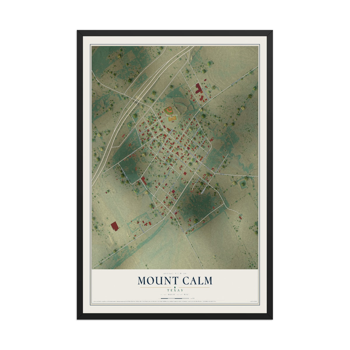Map of Mount Calm, Texas, 12 x 18 inch print in a black wood frame