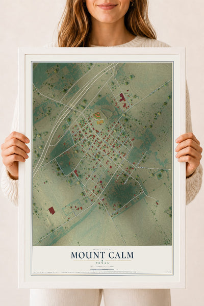 Map of Mount Calm, Texas, 18 x 24 inch print in a white wood frame