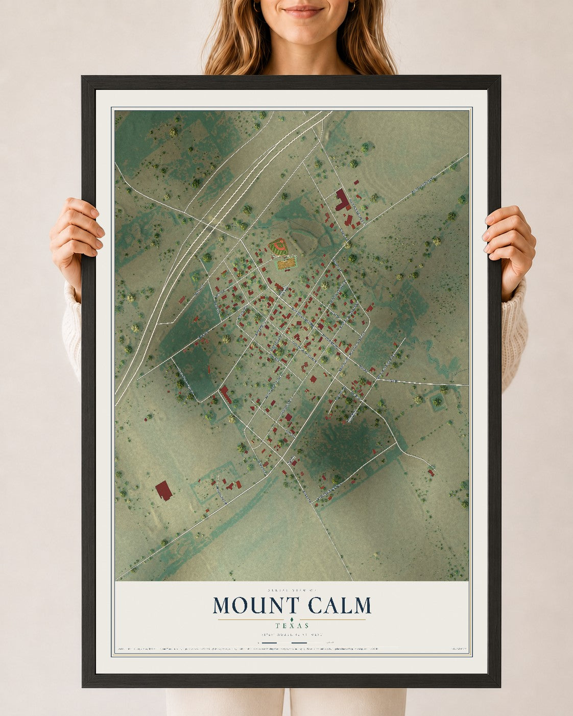 Map of Mount Calm, Texas, 24 x 36 inch print in a black wood frame