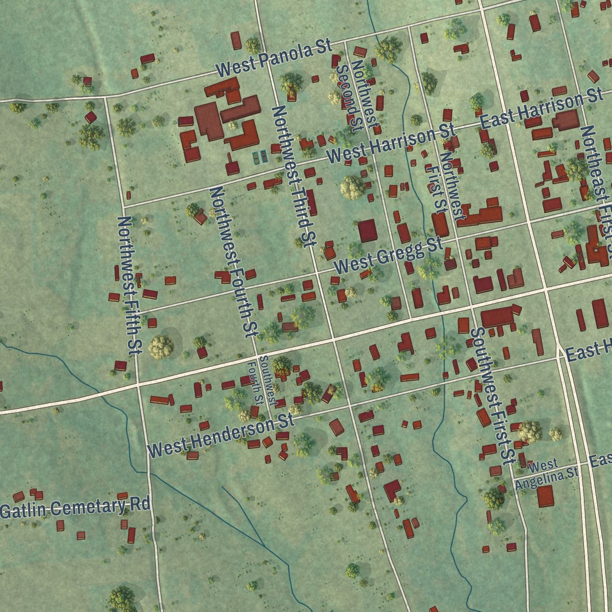 Close-up of the map of Mount Enterprise, Texas print showing street and building detail