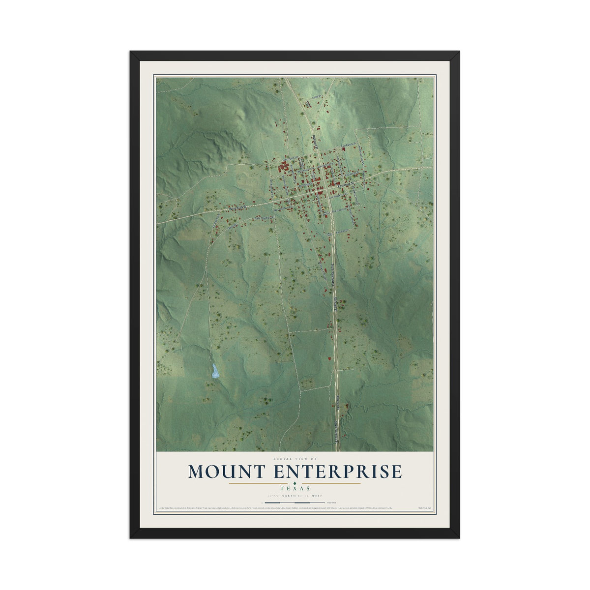 Map of Mount Enterprise, Texas, 12 x 18 inch print in a black wood frame