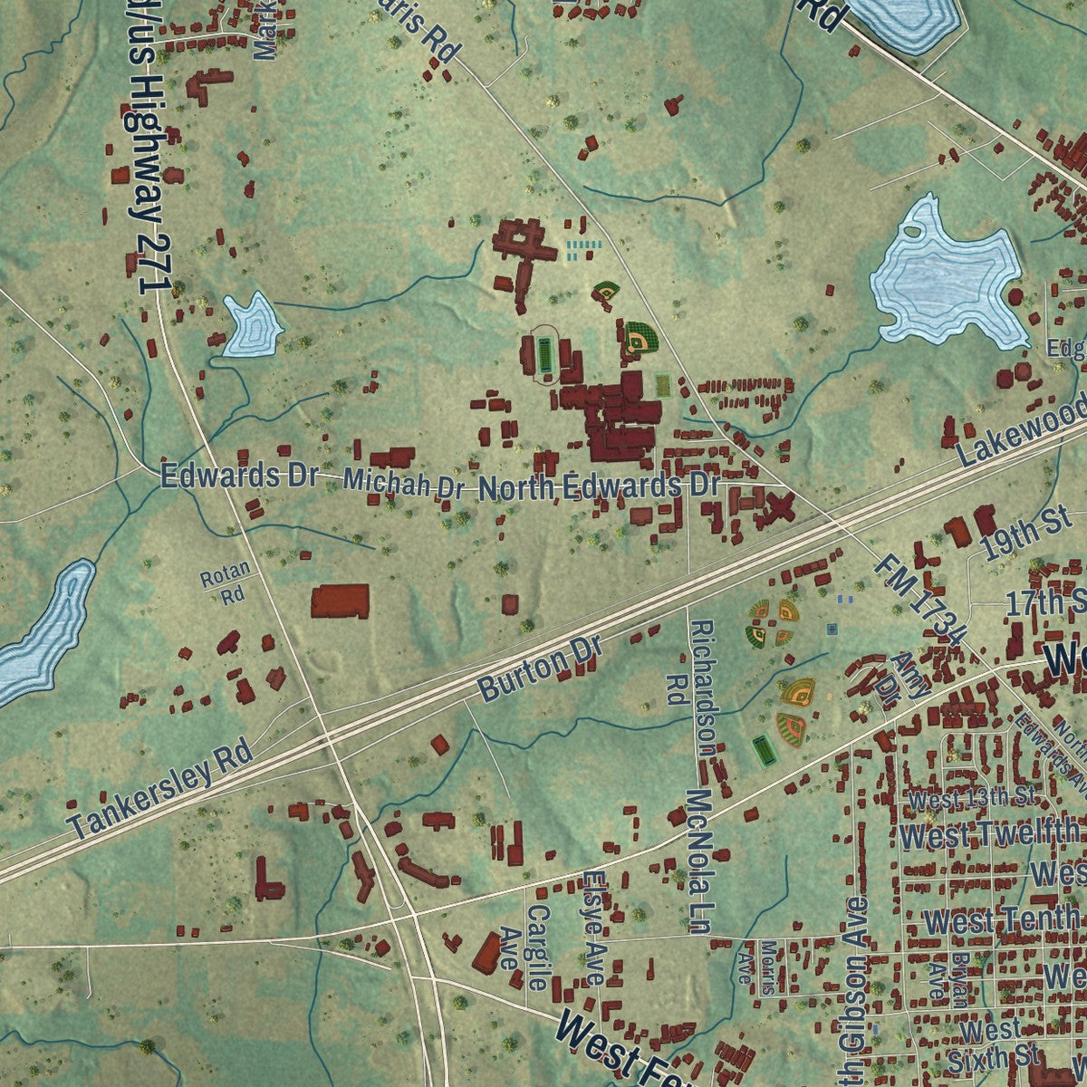 Second close-up of the map of Mount Pleasant, Texas print showing more streets and buildings