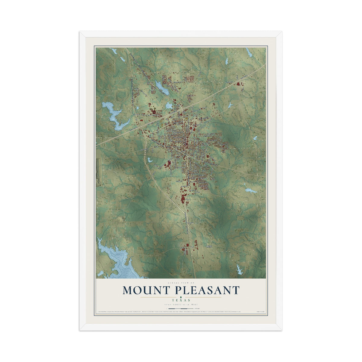 Map of Mount Pleasant, Texas, 12 x 18 inch print in a white wood frame