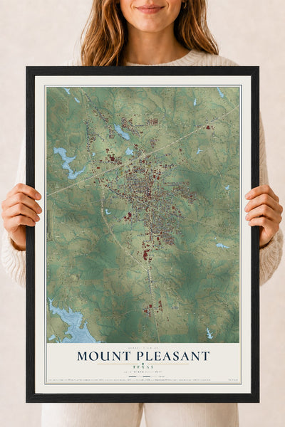 Map of Mount Pleasant, Texas, 18 x 24 inch print in a black wood frame