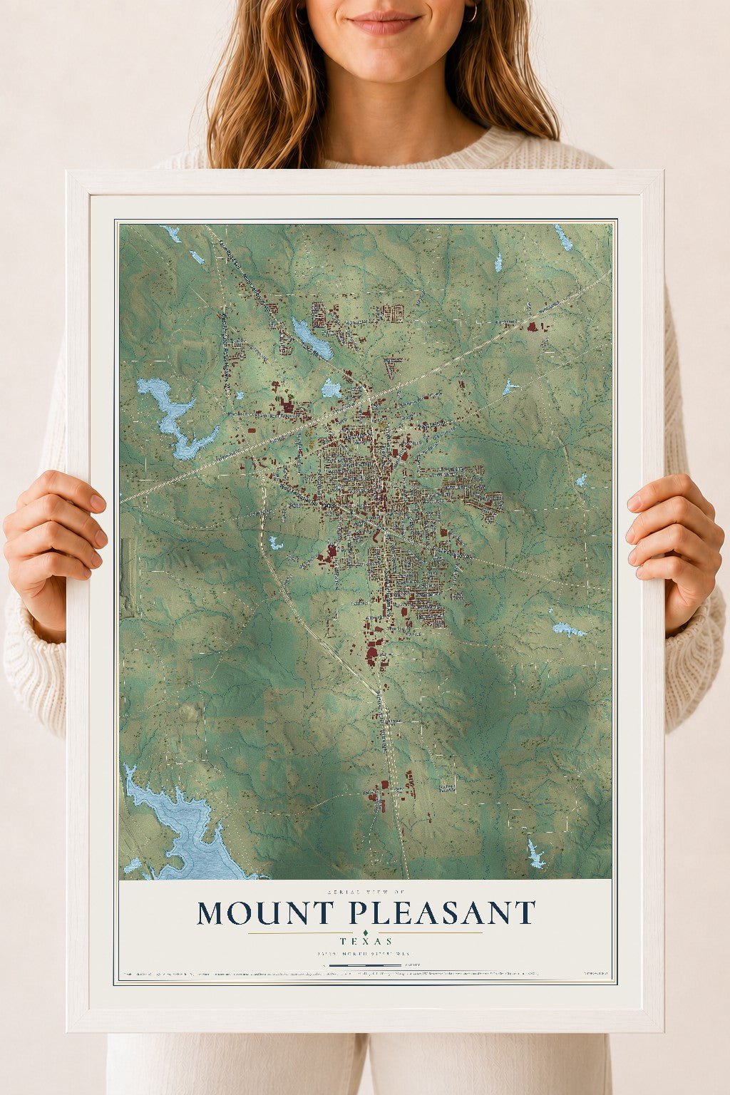 Map of Mount Pleasant, Texas, 18 x 24 inch print in a white wood frame