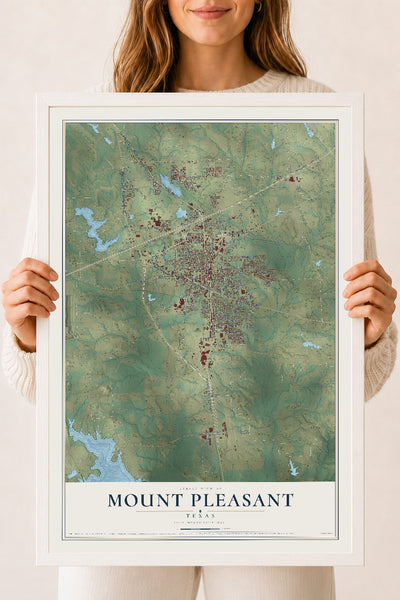 Map of Mount Pleasant, Texas, 18 x 24 inch print in a white wood frame
