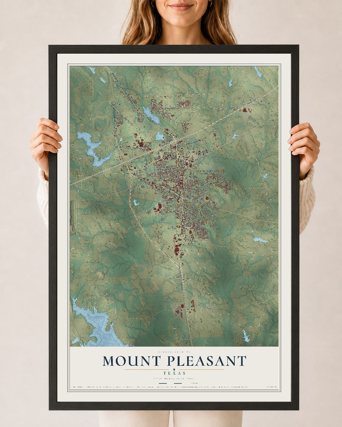 Map of Mount Pleasant, Texas, 24 x 36 inch print in a black wood frame