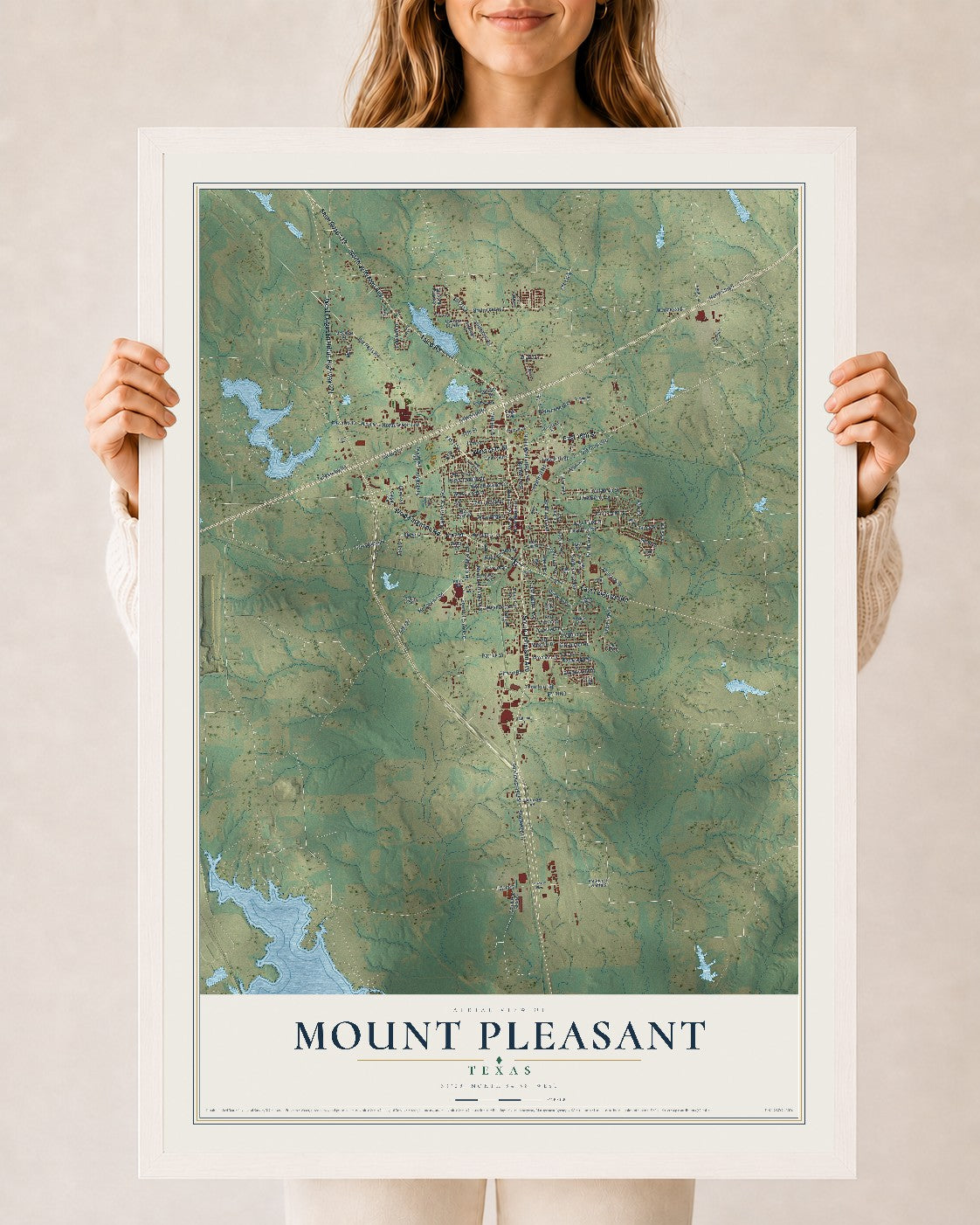 Map of Mount Pleasant, Texas, 24 x 36 inch print in a white wood frame