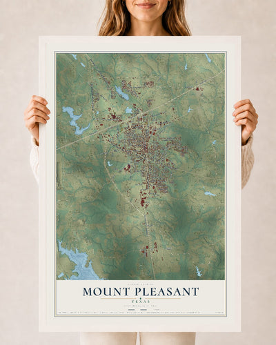 Map of Mount Pleasant, Texas, 24 x 36 inch print in a white wood frame