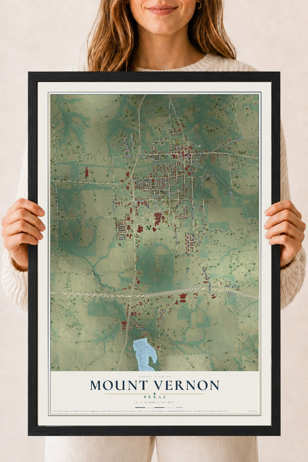 Map of Mount Vernon, Texas, 18 x 24 inch print in a black wood frame