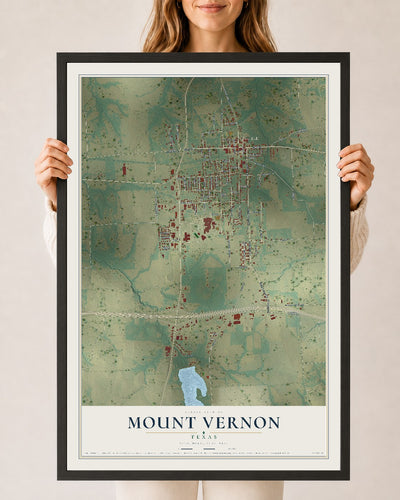 Map of Mount Vernon, Texas, 24 x 36 inch print in a black wood frame