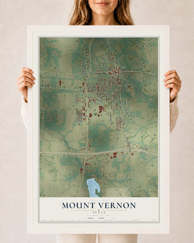 Map of Mount Vernon, Texas, 24 x 36 inch print in a white wood frame