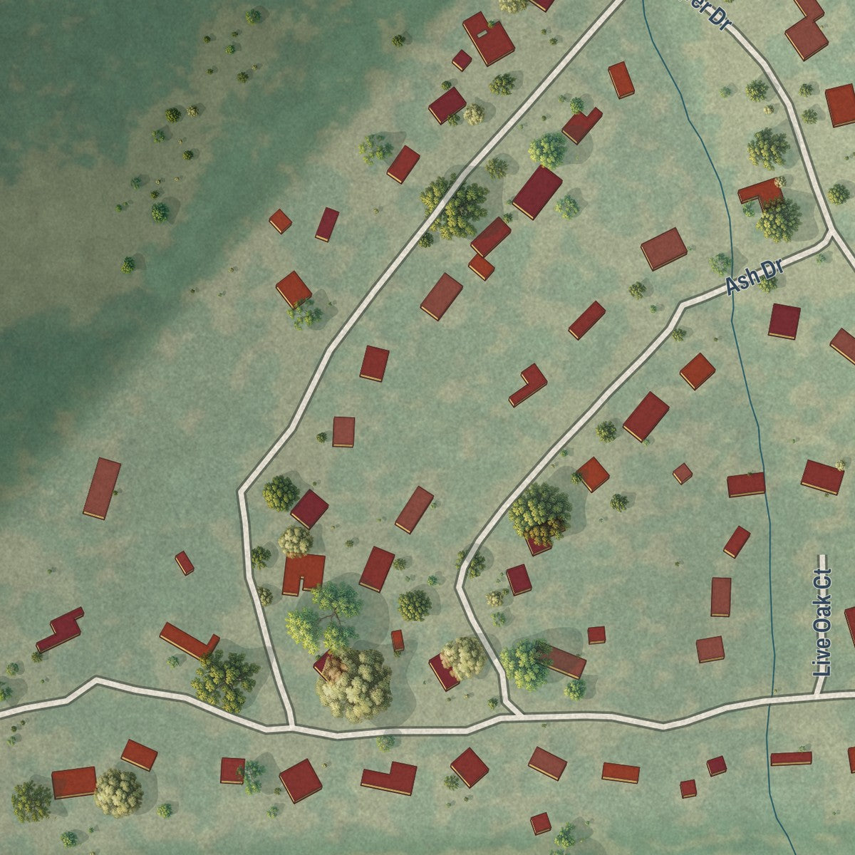 Second close-up of the map of Mountain City, Texas print showing more streets and buildings